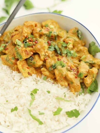 a bowl of Thai coconut curry served over rice