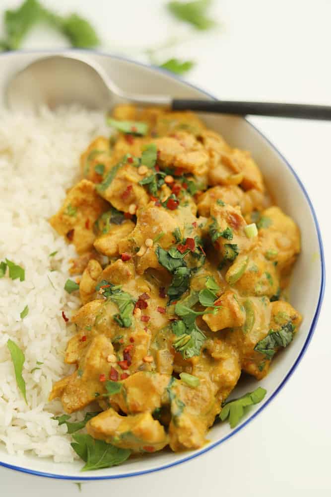Thai coconut curry chicken served over white rice