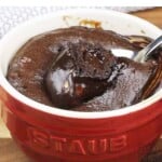 Easy Lava Cake Recipe with Peanut Butter being broken into with a spoon.