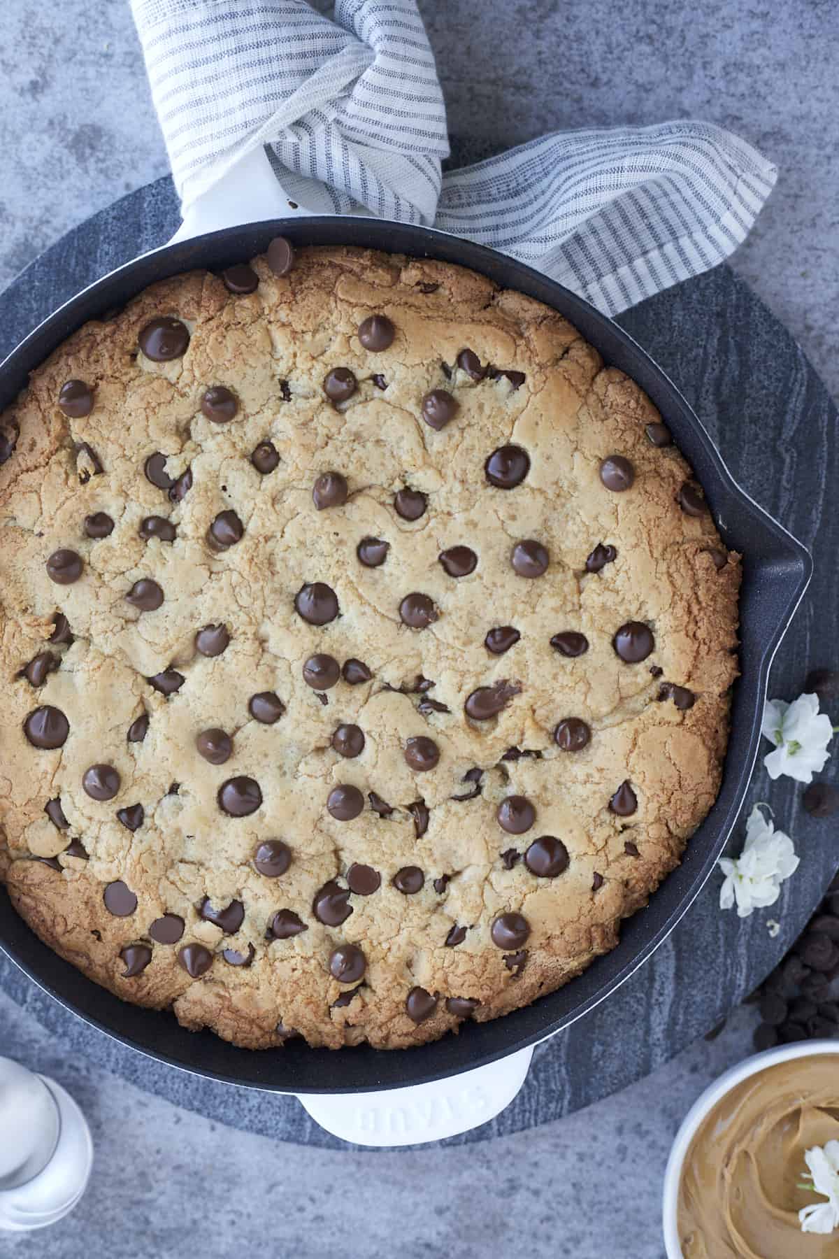 overhead image of a peanut butter chocolate chip cookie skillet
