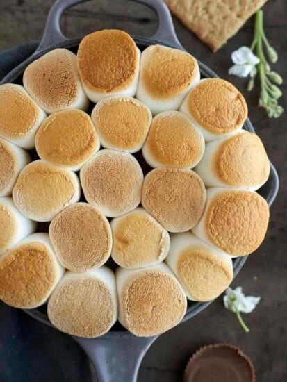 overhead image of toasted marshmallows on top of s'mores dip