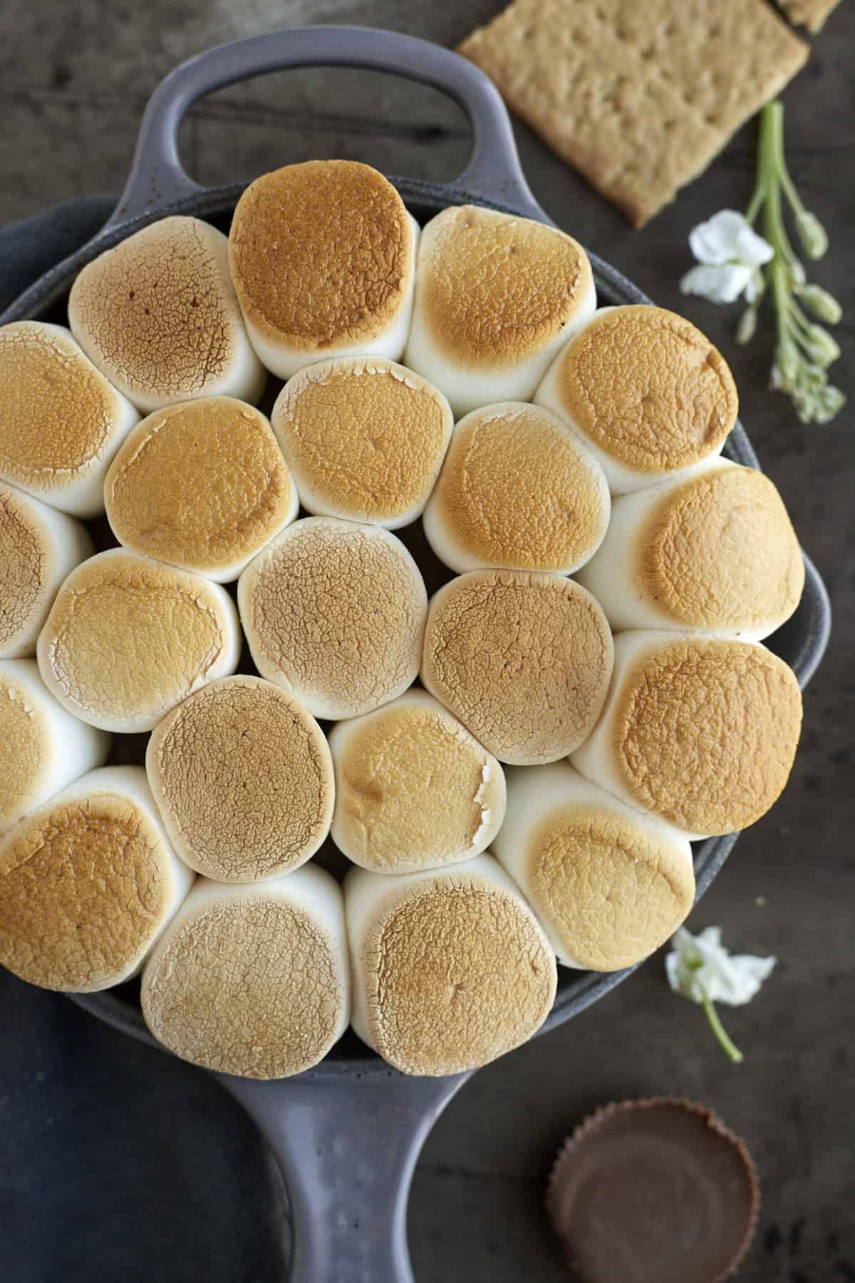 Overhead image of toasted marshmallows in a skillet