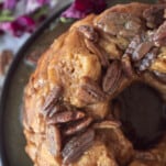 overhead image of pecan caramel homemade monkey bread