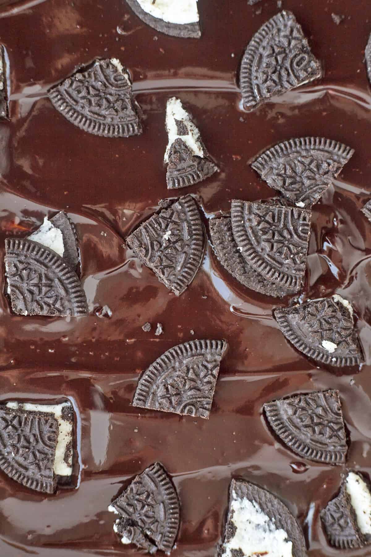 Oreo pieces on top of chocolate ganache