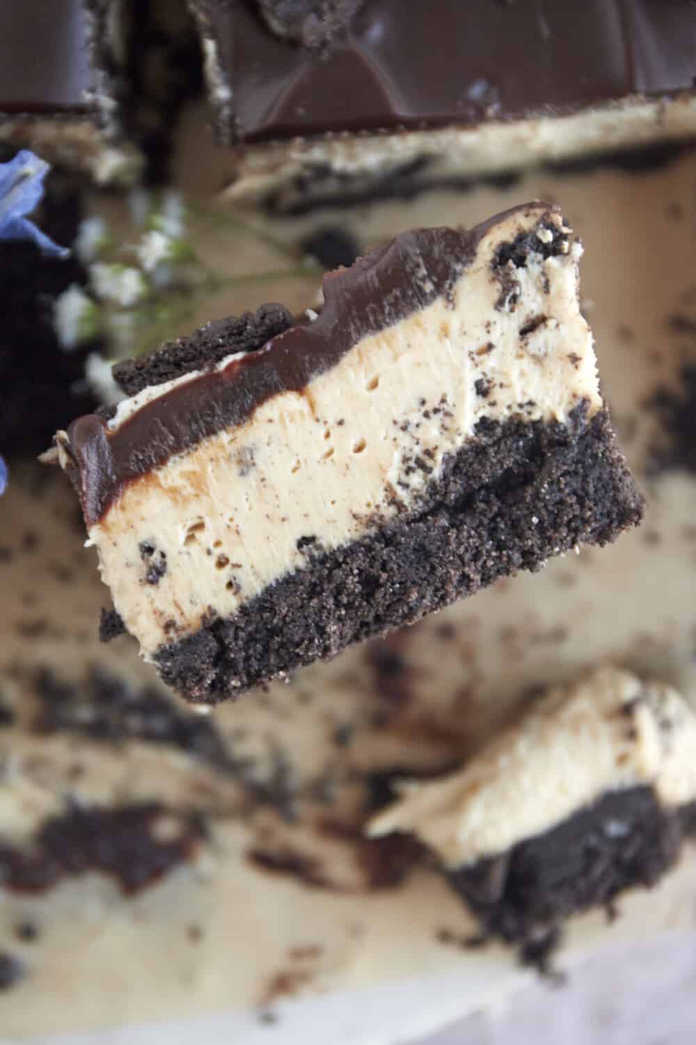 a side image of a slice of Oreo peanut butter bars showing an Oreo crust, peanut filing, and chocolate ganache topping