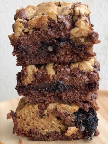 three Oreo brookie bars stacked on top of each other