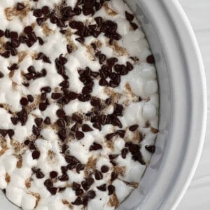 overhead image of s'mores chocolate cake in a slow cooker