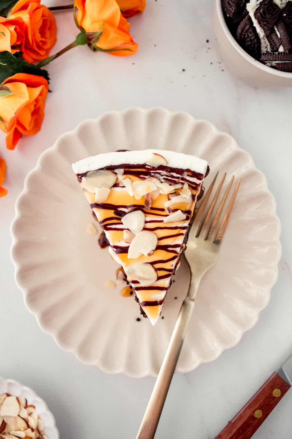 overhead image of a slice of Billy Miner ice cream pie on a plate with a fork next to it