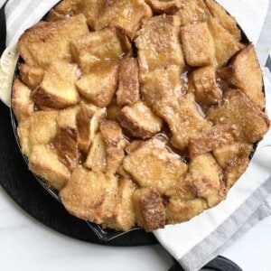 overhead image of easy french toast topped with homemade caramel sauce