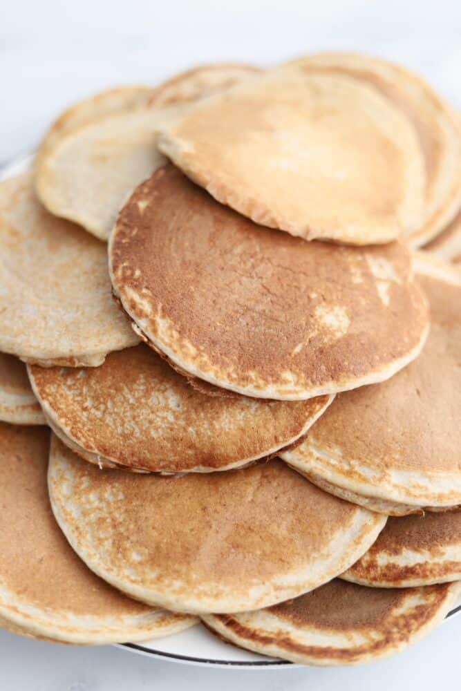 a plate full of cottage cheese protein pancakes.