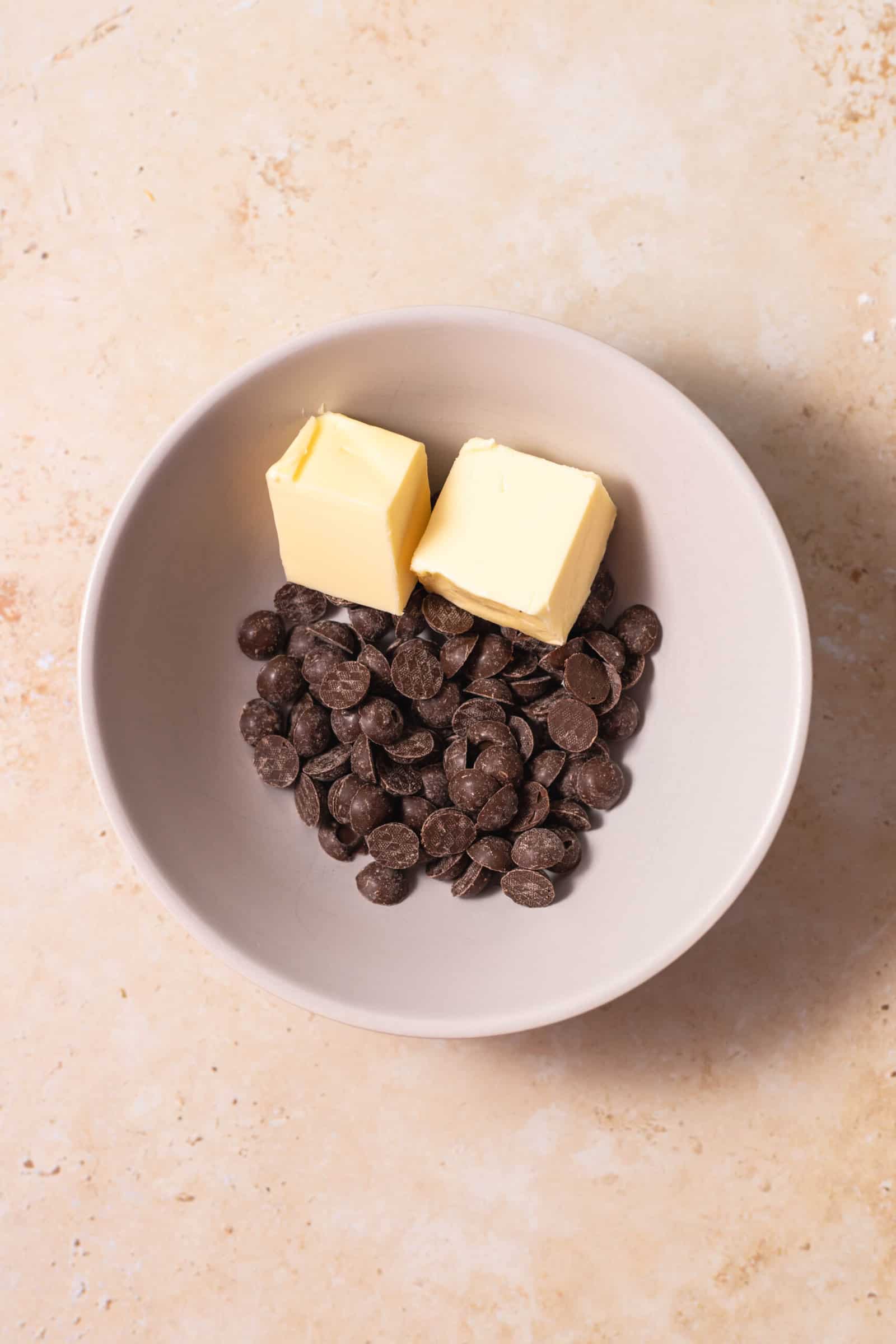 chocolate chips and butter in a bowl