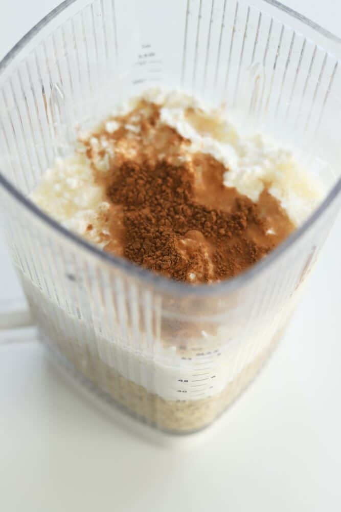 a blender full of cottage cheese protein pancake batter.