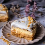 a slice of banoffee pie on a beige plate