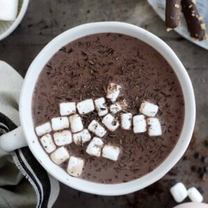 overhead image of a mug of espresso slow cooker hot chocolate topped with chocolate shavings and mini marshmallows