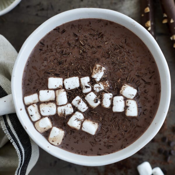 A mug of slow cooker hot chocolate with espresso.