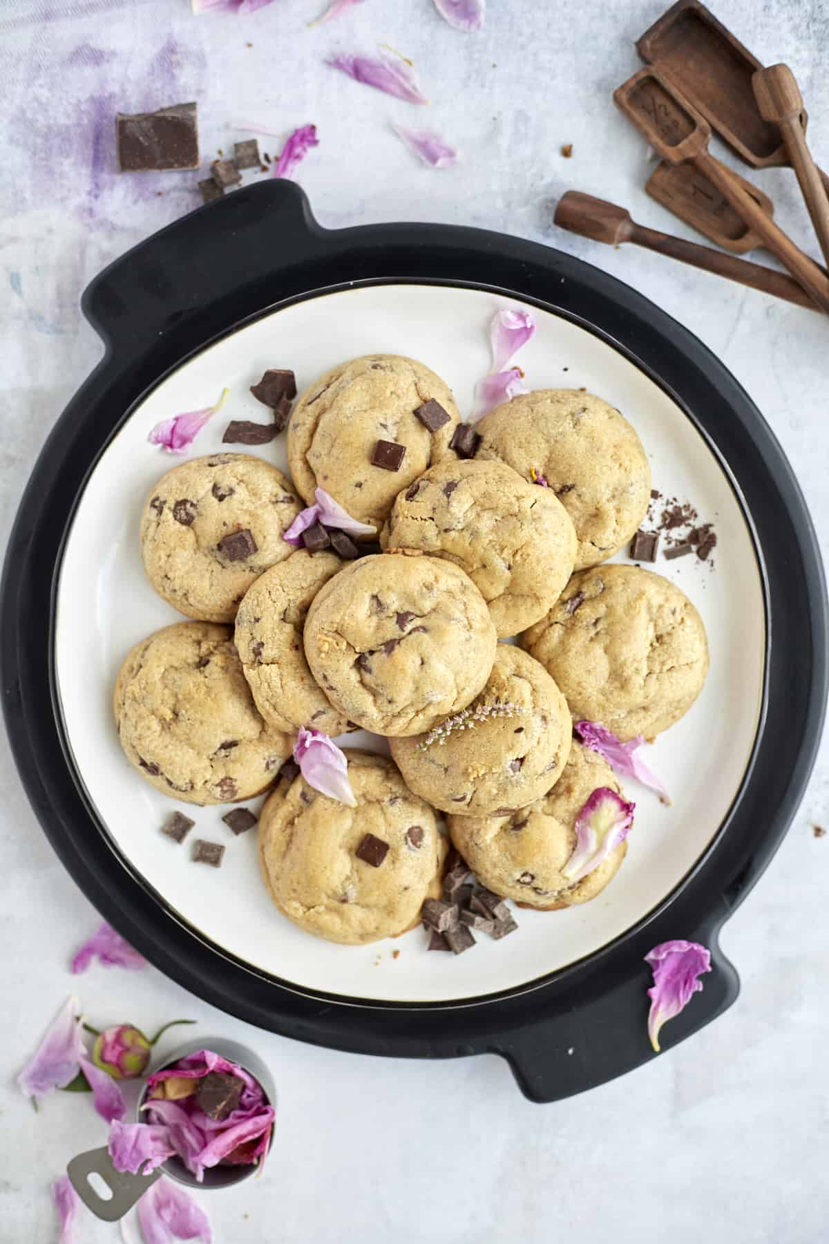 a plate of peanut butter chocolate chunk cookies 