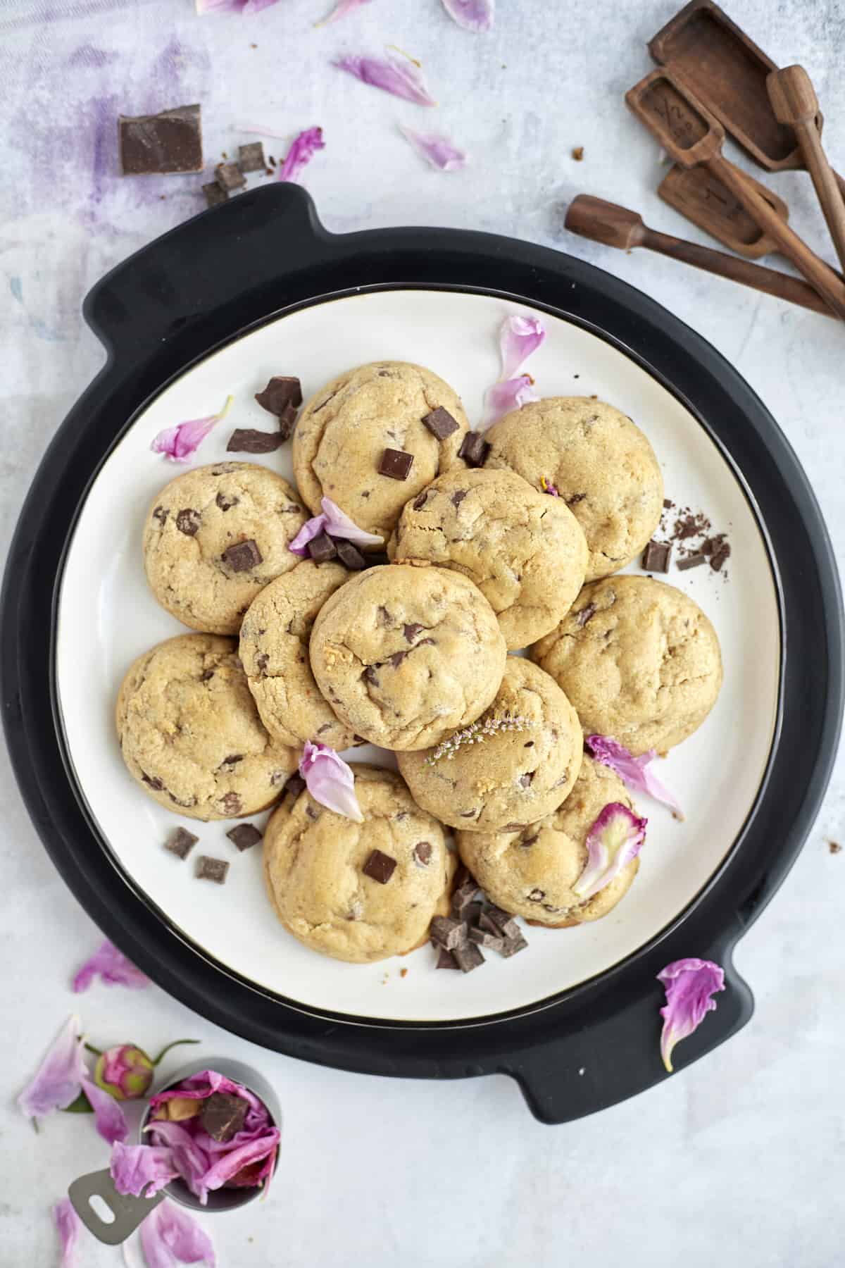 a plate of peanut butter chocolate chunk cookies.