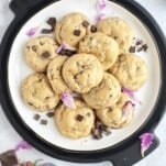A plate of peanut butter chocolate chunk cookies.