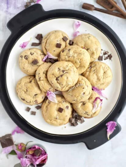 overhead image of a plate of peanut butter chocolate chunk cookies