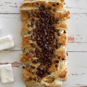 Overhead image of a s'mores braided pastry dessert.