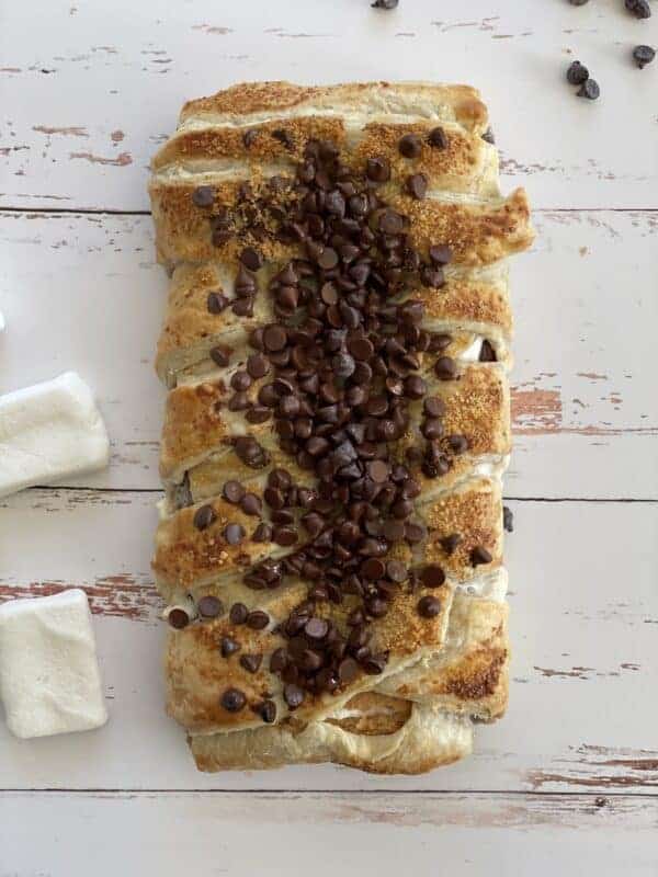 Overhead image of a s'mores braided pastry dessert.