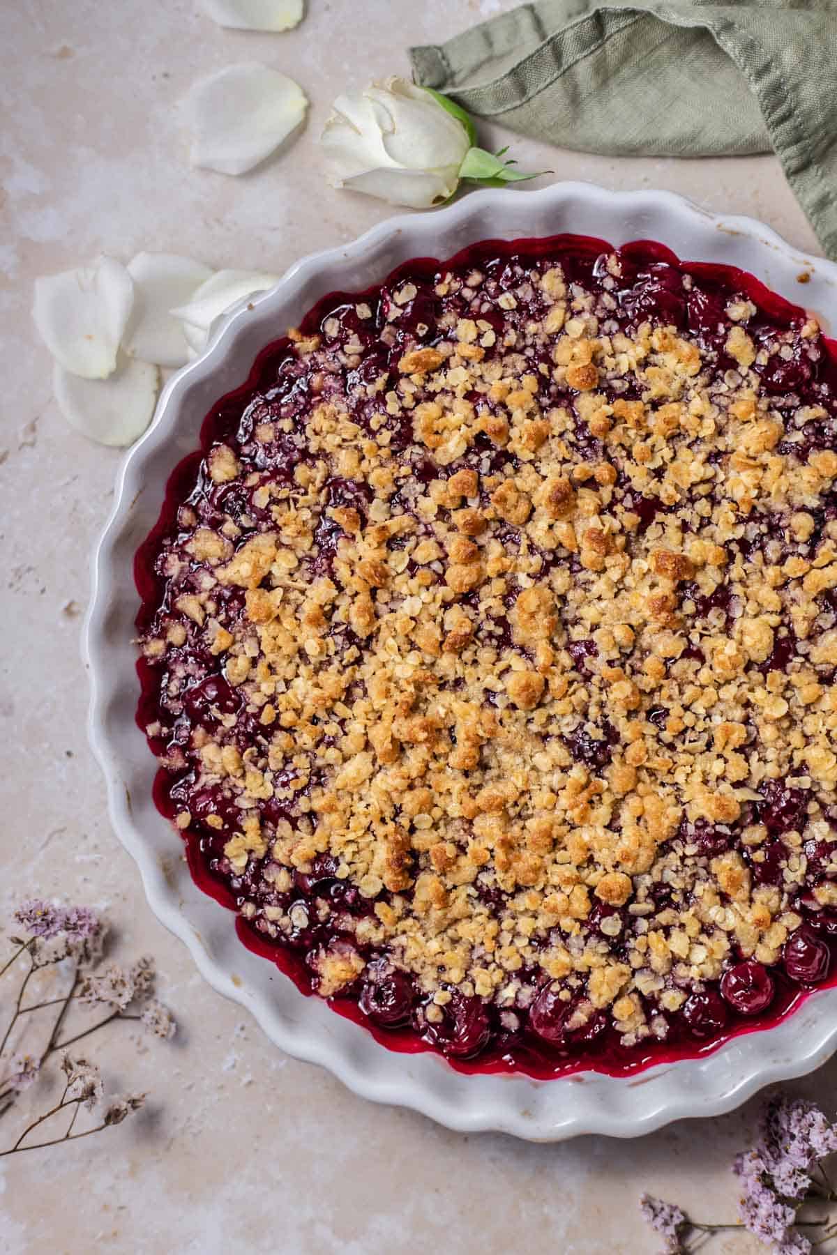 overhead image of a baked cherry crisp