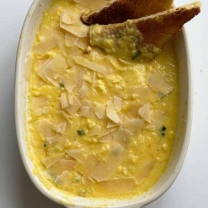 overhead image of a dish full of baked scrambled eggs