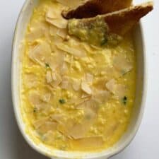 Overhead image of a dish full of baked scrambled eggs.