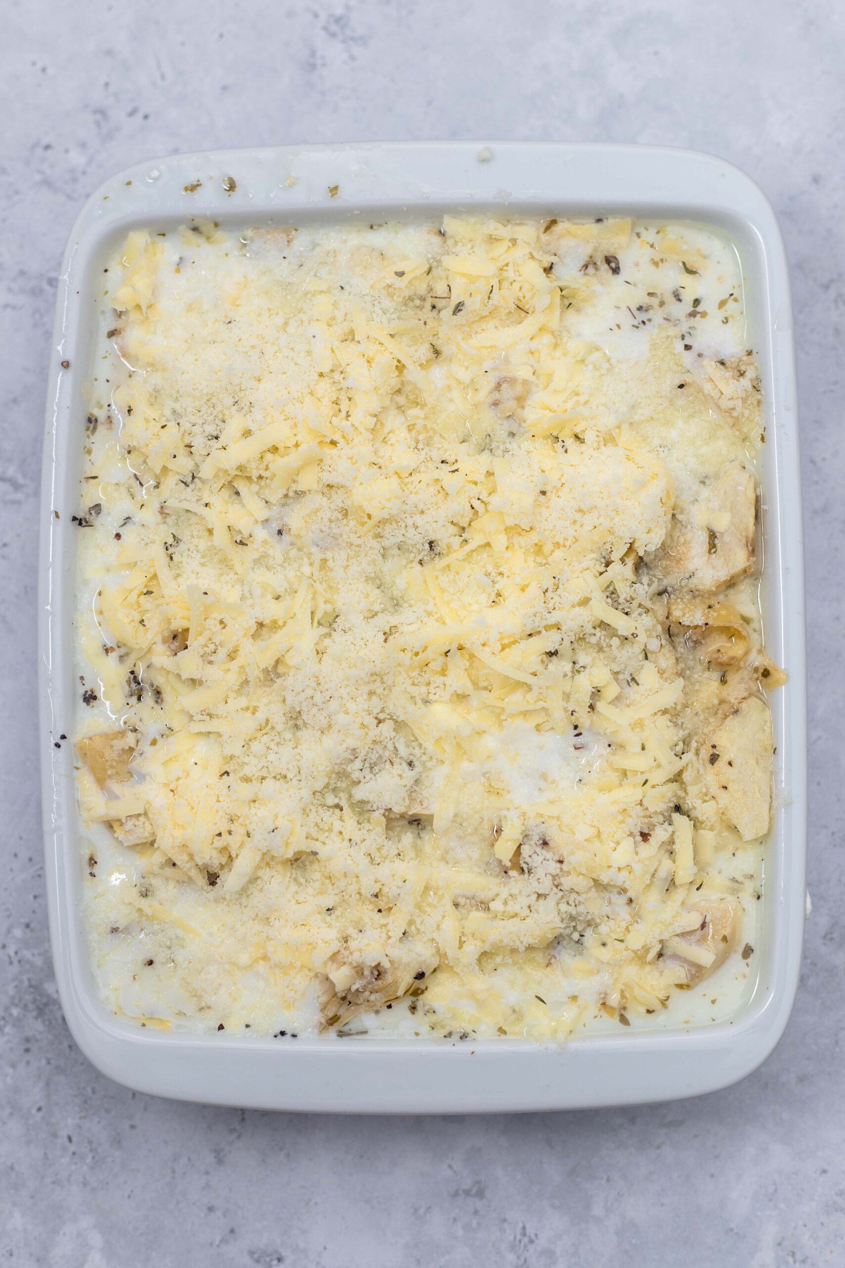 uncooked pasta bake topped with cheese