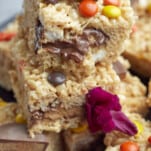 closeup stack of peanut butter rice krispy treat bars.