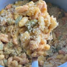 A spoonful of one pot three cheese pasta with a breadcrumb topping.