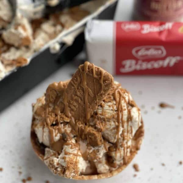 a bowl full of Biscoff ice cream topped with a Biscoff cookie and a drizzle of cookie butter