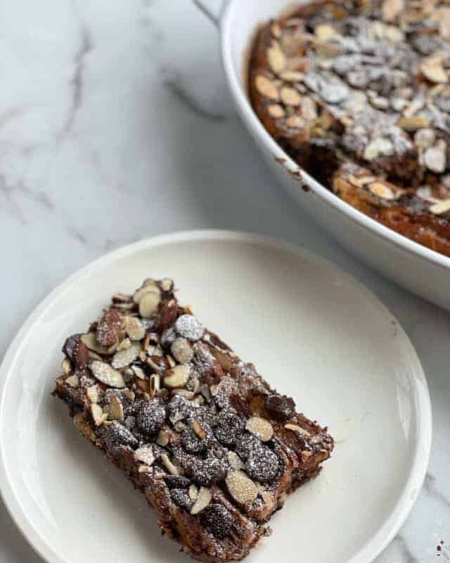 a slice of Chocolate French Toast on a plate.