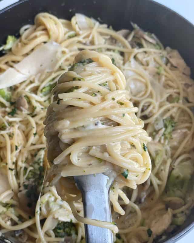 a scoop of pasta primavera swirled around a serving spoon