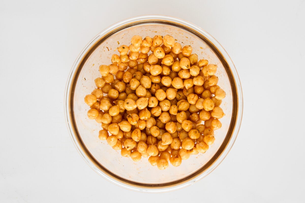 Seasoned chickpeas in a bowl.