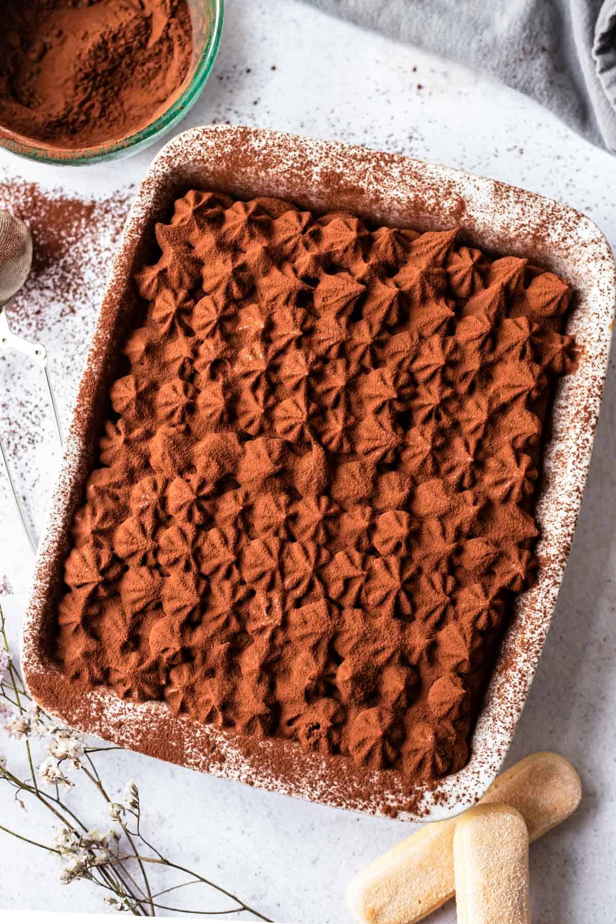 overhead image of a baking dish of easy chocolate tiramisu