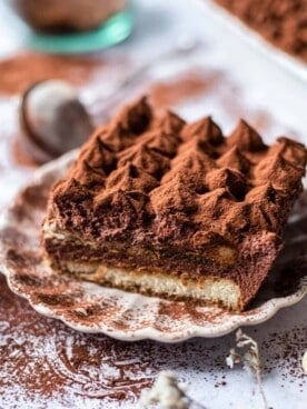 a slice of easy chocolate tiramisu on a plate.