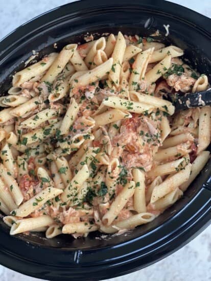 creamy tuscan chicken pasta in a slow cooker