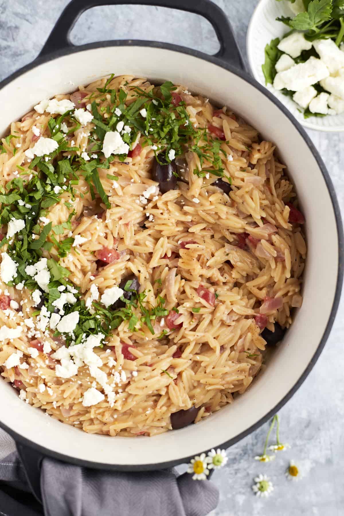 overhead orzo pasta in dutch oven