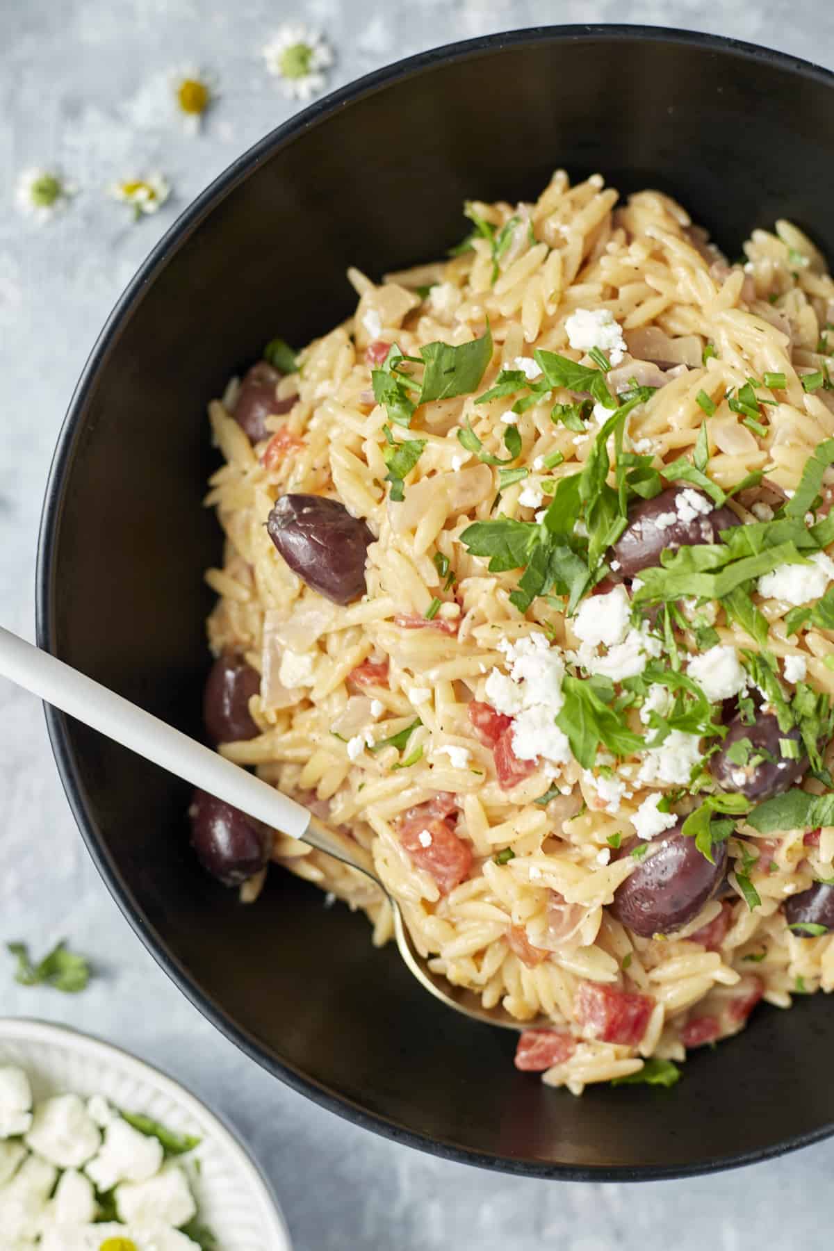 overhead plated One Pot Mediterranean Orzo Pasta