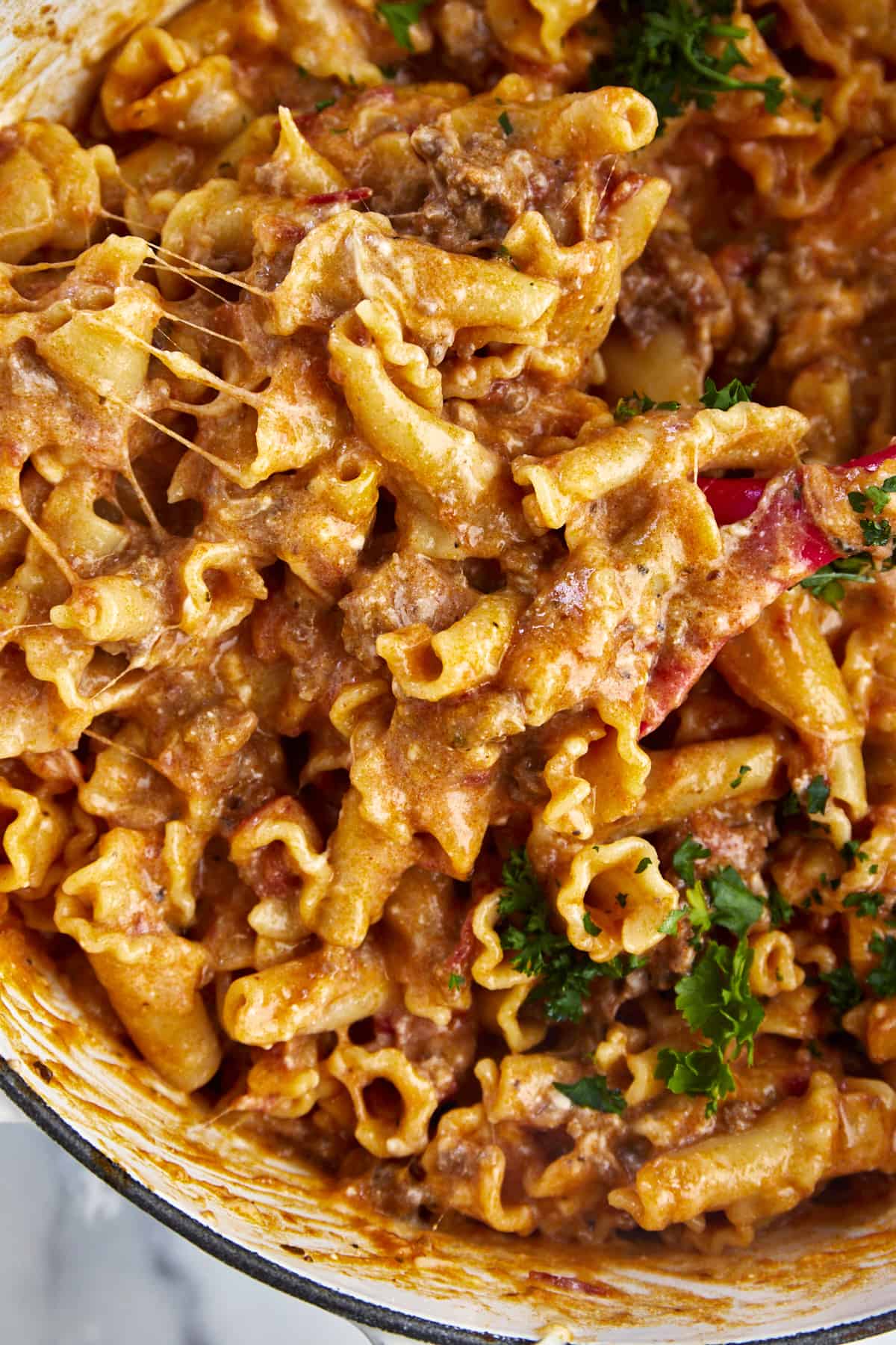 Close up image of one pot lasagna pasta. 