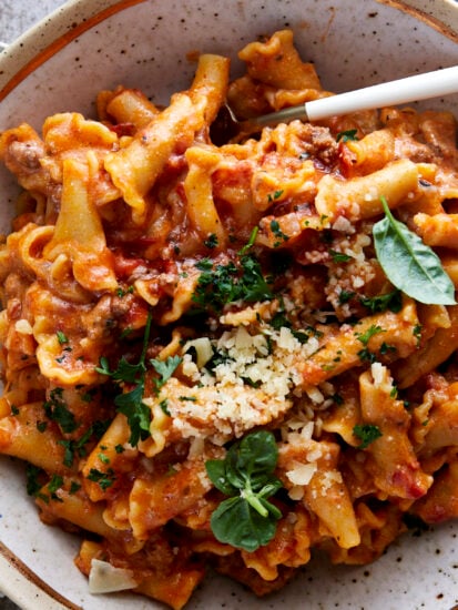 A bowl of one pot lasagna pasta topped with Parmesan cheese.