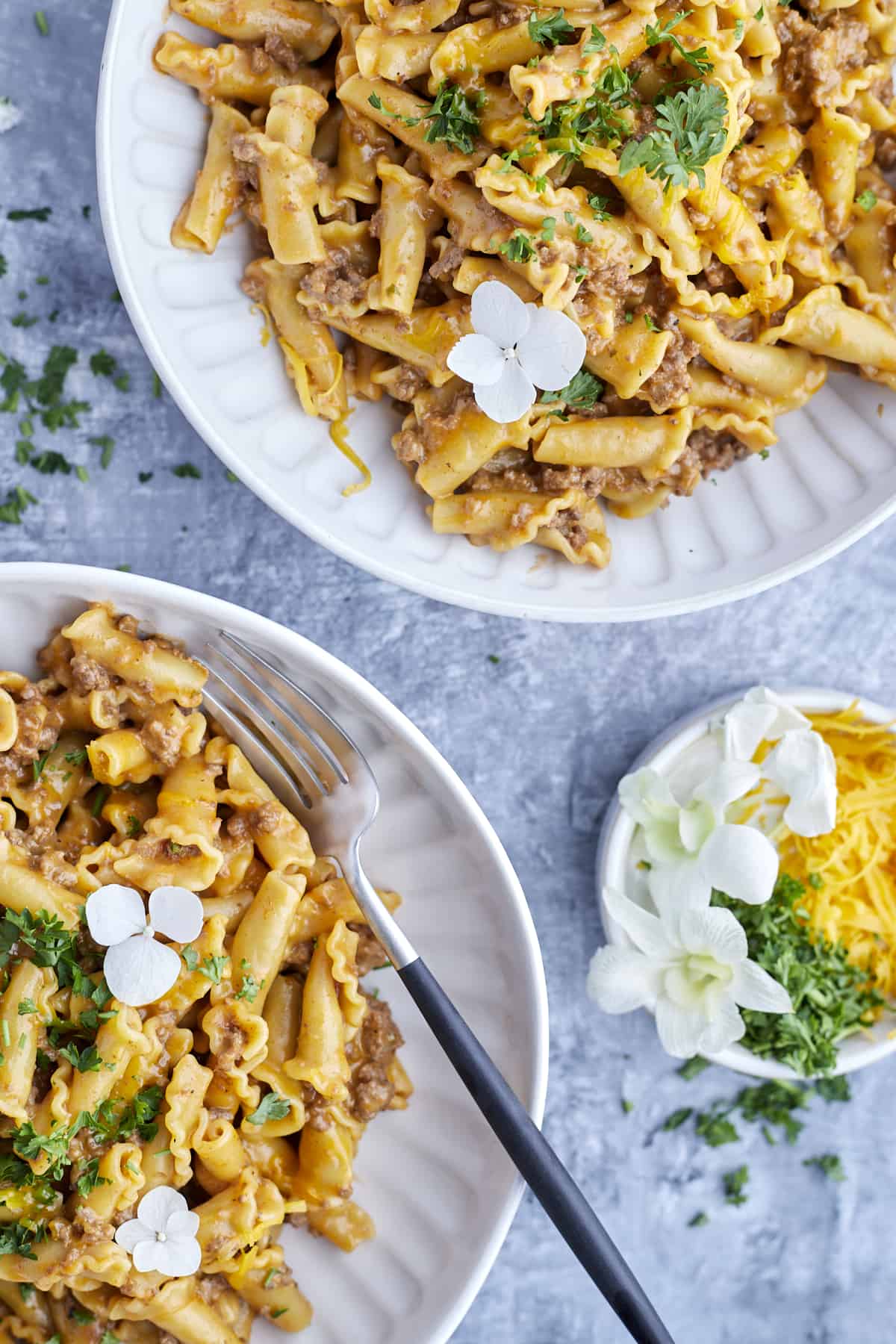 cooked one pot hamburger pasta on two plates with a fork.