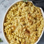 a dish of easy baked mac and cheese.