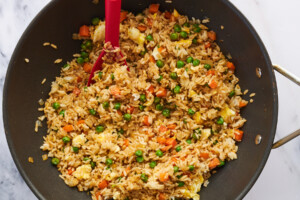 Egg fried rice in a wok.