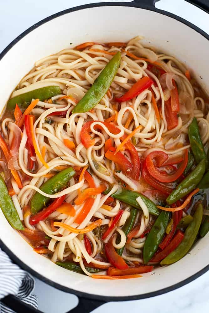 Vegetarian ramen in a pot. 