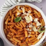 overhead image of a large bowl of spicy rigatoni pasta.