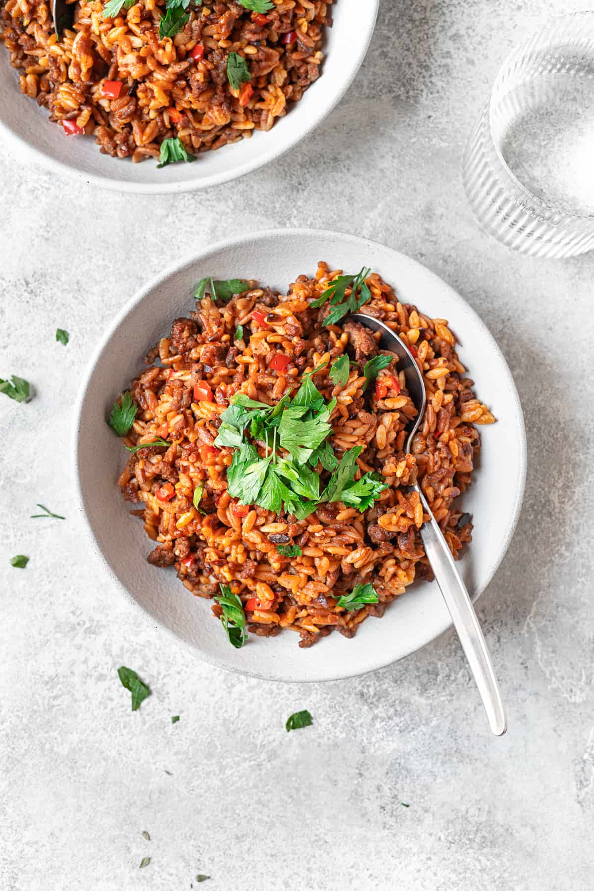 a bowl of lesan al asfour with cilantro on top and a spoon sticking out 