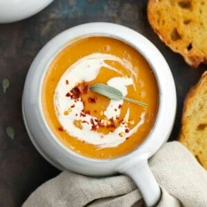 overhead image of a bowl of easy butternut squash soup