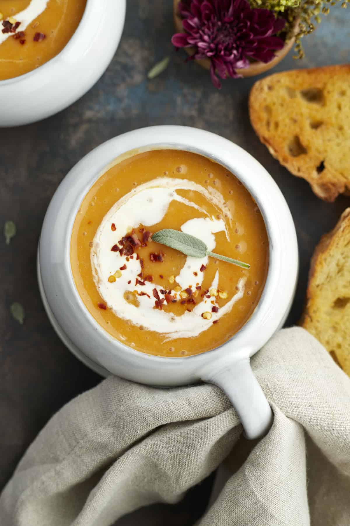 overhead image of a bowl of easy butternut squash soup